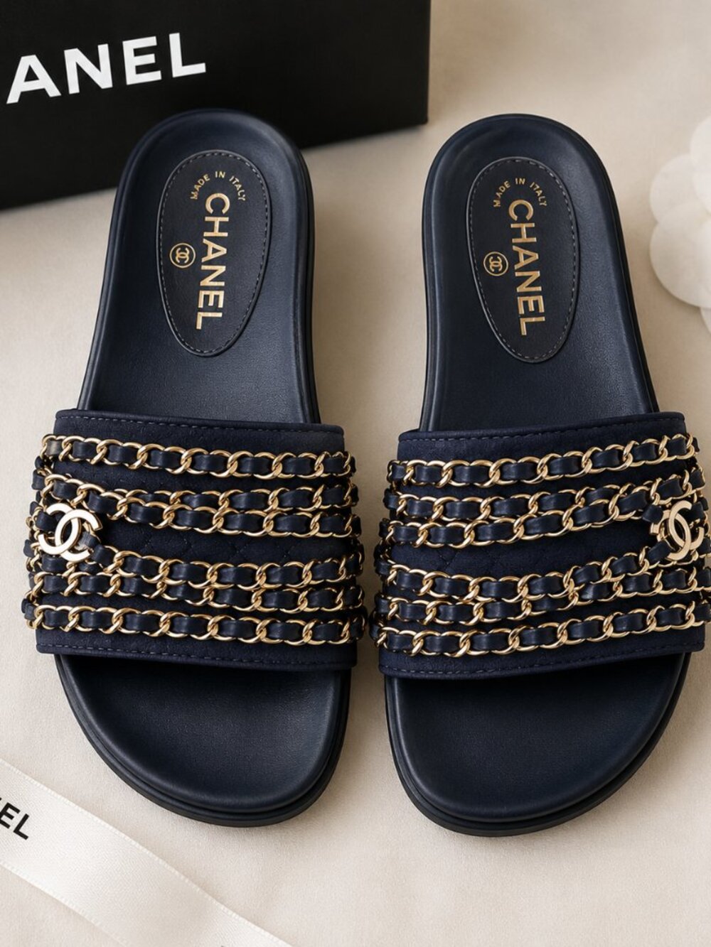 CHANEL Slides with Chain Detail
